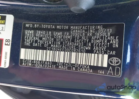 2013 Toyota Corolla L из США, поврежденный, VIN 2T1BU4EE0DC082610